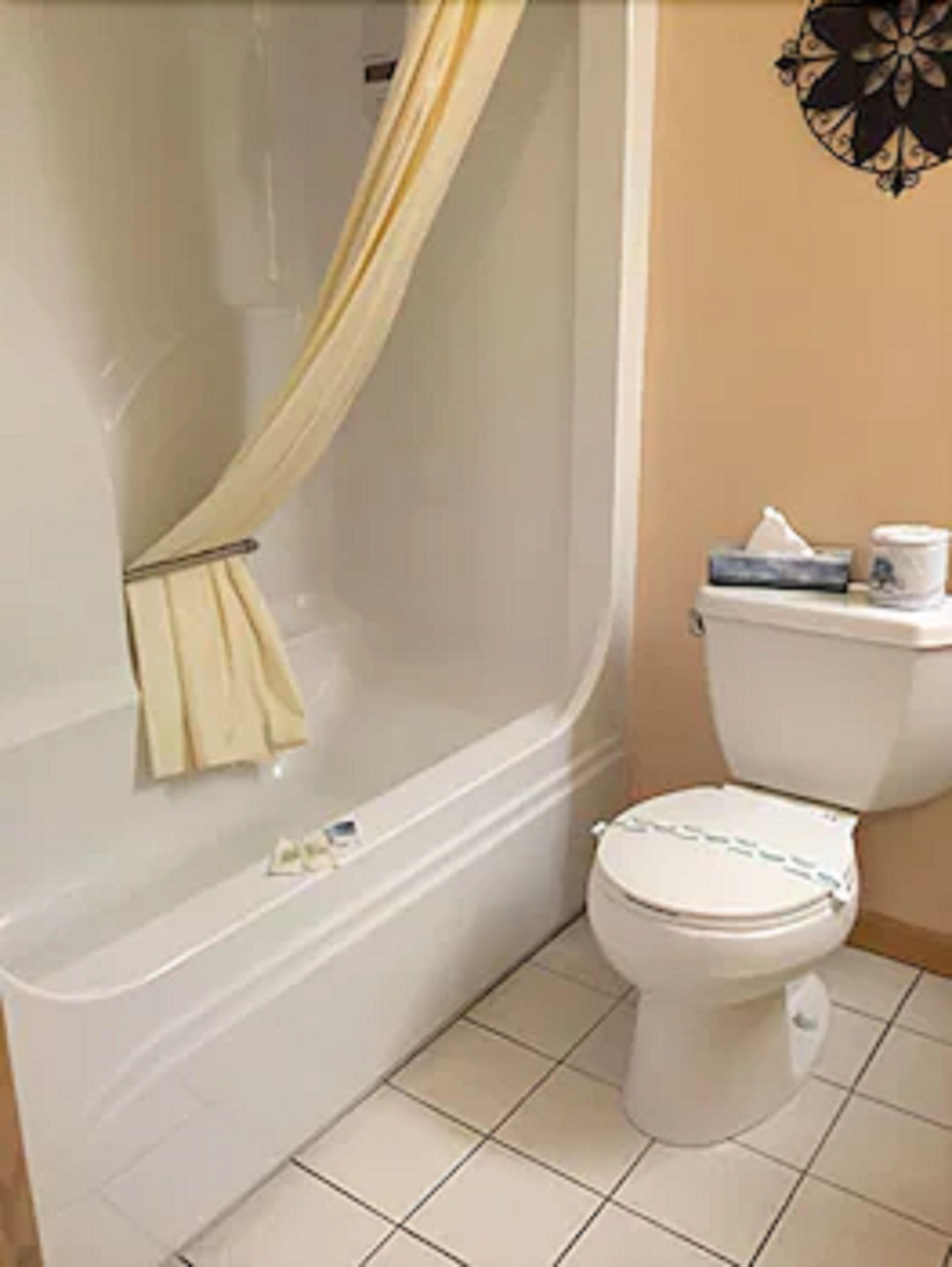 combined shower/bathtub, hydromassage showerhead, hair dryer, towels