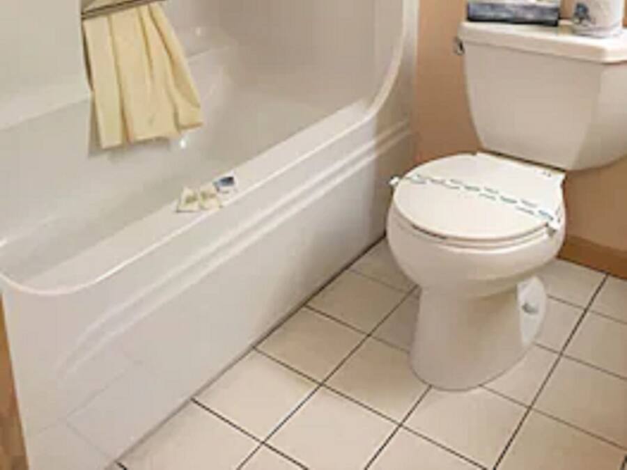 Un baño con bañera, inodoro y cortina de ducha.