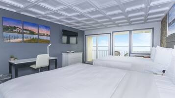 A hotel room with a large bed, a desk with a chair, a small table, and a TV. There are three paintings on the wall, a window with a view, and a balcony with a railing.