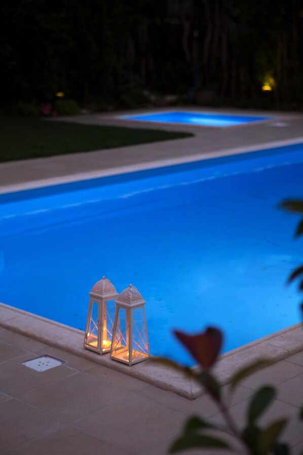 Outdoor pool, pool umbrellas, pool loungers