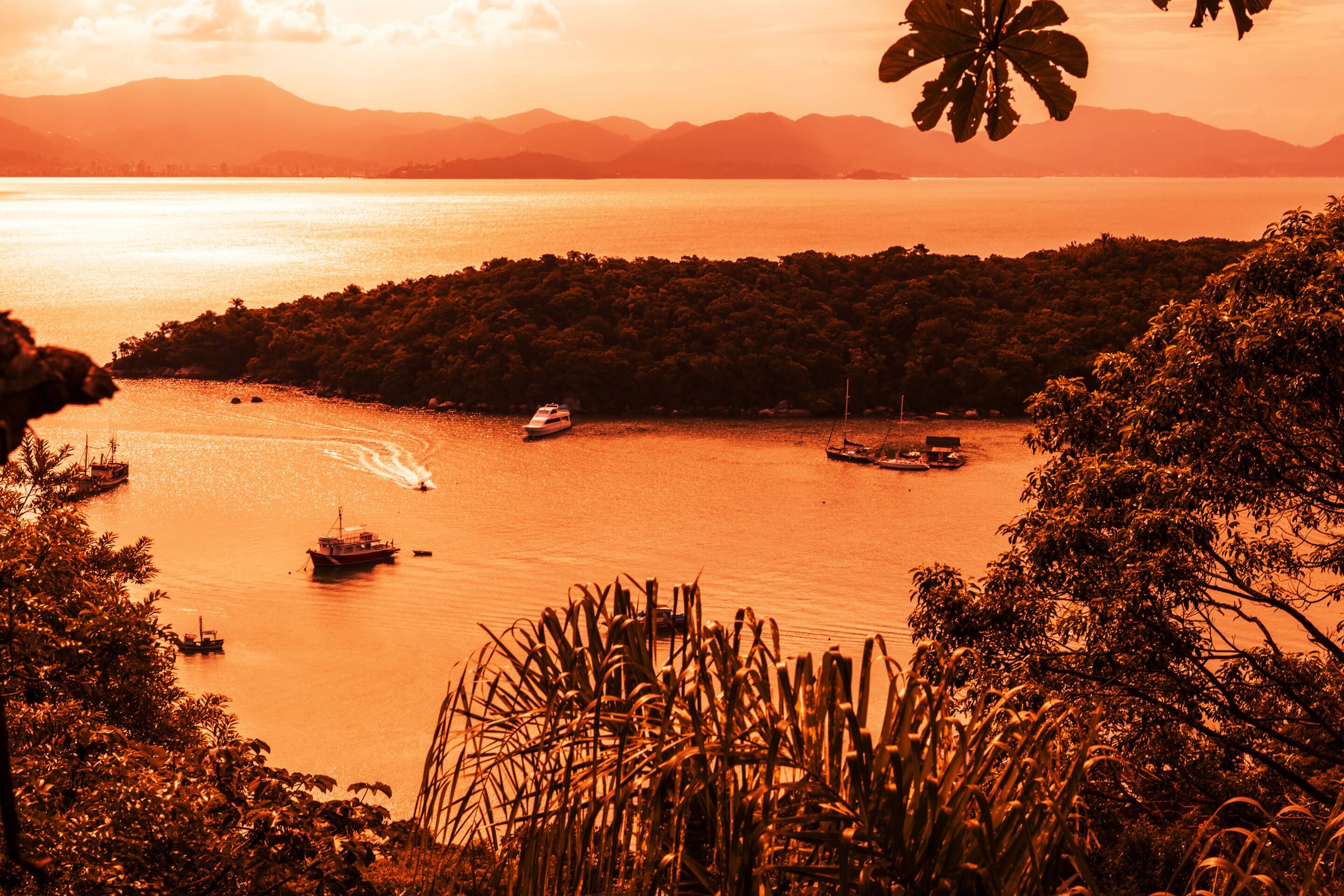 A coastal landscape with boats on the water, surrounded by dense vegetation and mountains in the background.