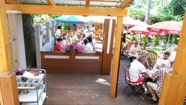 An outdoor wooden deck with tables and chairs, surrounded by trees. - Hotel - Restaurant Valley Rose (Vienna)