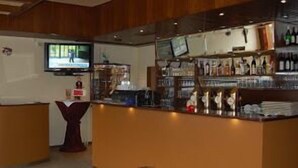 A bar area with a counter, television, and shelves of bottles. - Hotel - Restaurant Valley Rose (Vienna)
