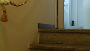 A staircase with a handrail and a wall-mounted rope.
