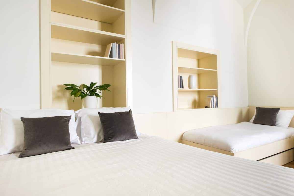 Camera d'albergo con due letti, una libreria e una pianta in vaso.