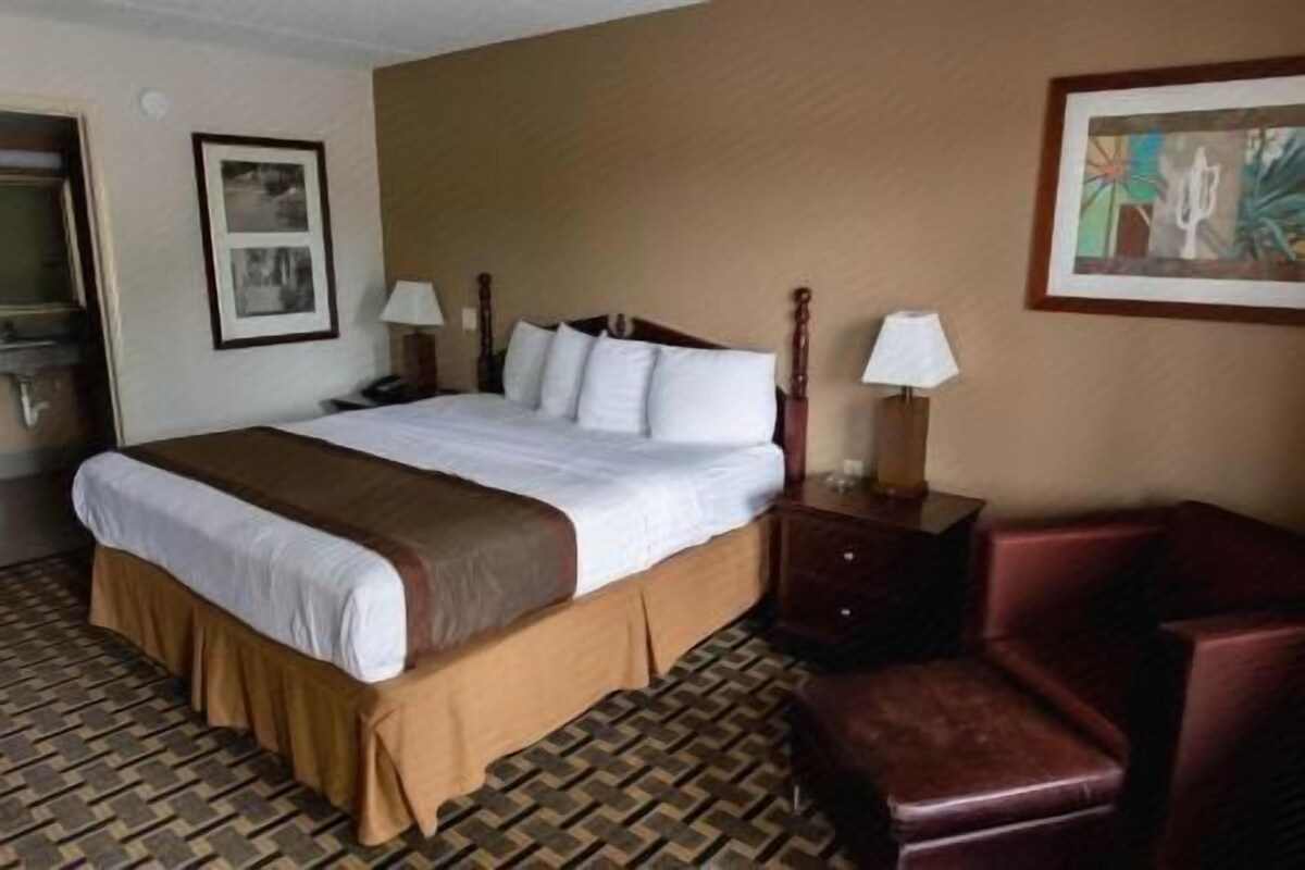 Une chambre d’hôtel avec un grand lit, un bureau, une chaise et un tableau au mur.