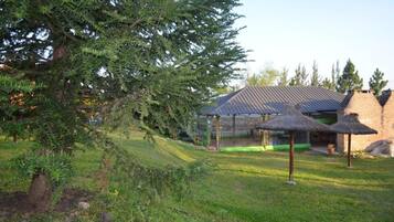 Une maison dotée d’un patio couvert, d’un grand arbre et d’une cour gazonnée.