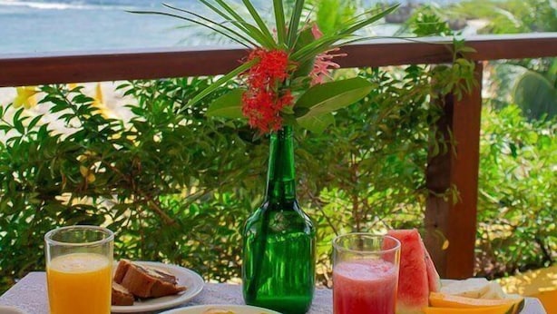 A table with breakfast items and a green bottle, set against a backdrop of a lush garden and ocean view. - Pousada Funny (Morro de Sao Paulo)