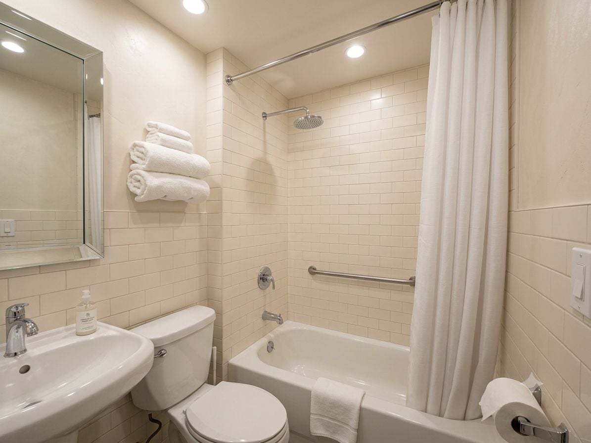 A bathroom with a toilet, sink, bathtub, and shower curtain.