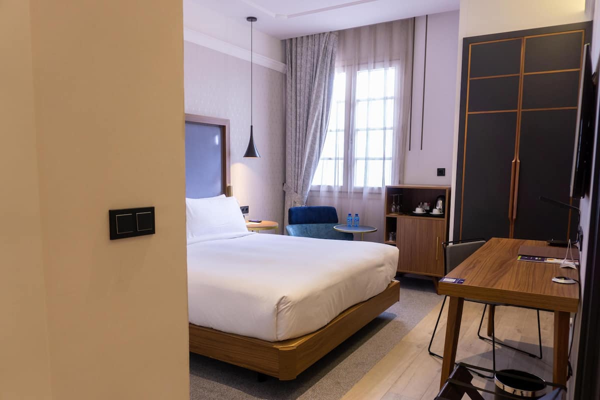 A hotel room with a bed, a desk, a chair, a wardrobe, and a window with curtains.
