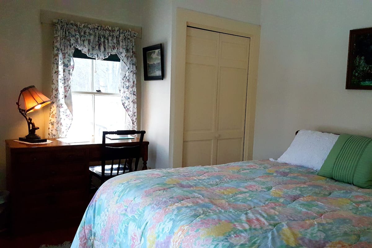 Une chambre à coucher avec un lit, un bureau avec une lampe, une chaise, une porte et un tableau accroché au mur.