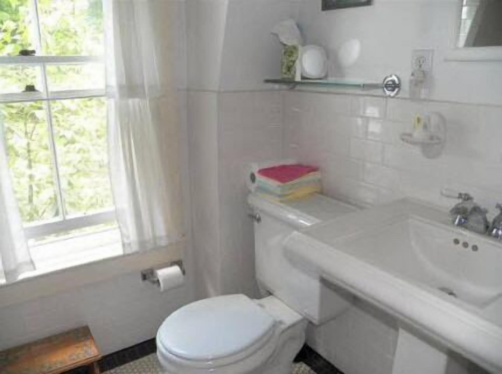 A bathroom with a toilet, sink, and window.