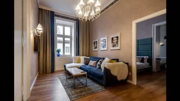 Comfort Apartment, 1 Bedroom | Living room | 43-inch flat-screen TV with digital channels, LED TV