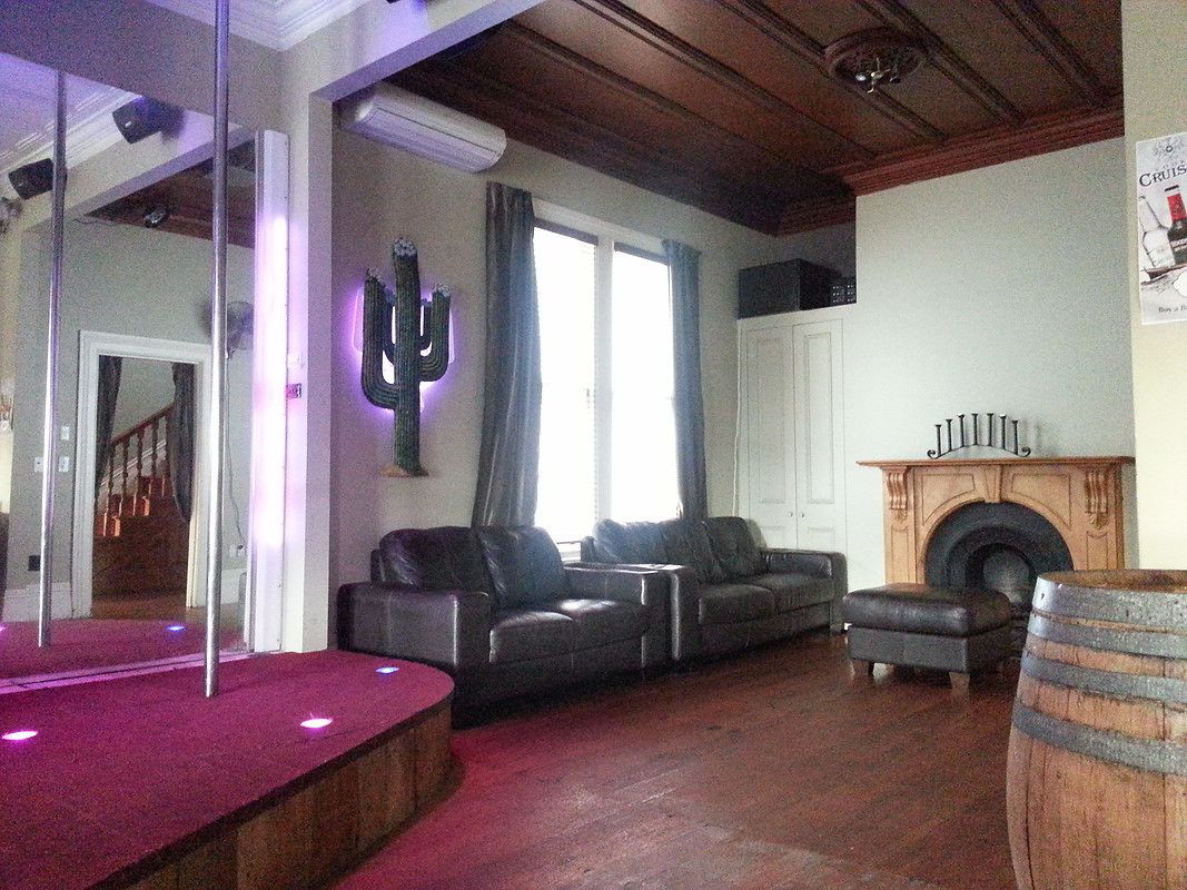 A living room with a wooden ceiling, a fireplace, a cactus decoration, and a red carpet.