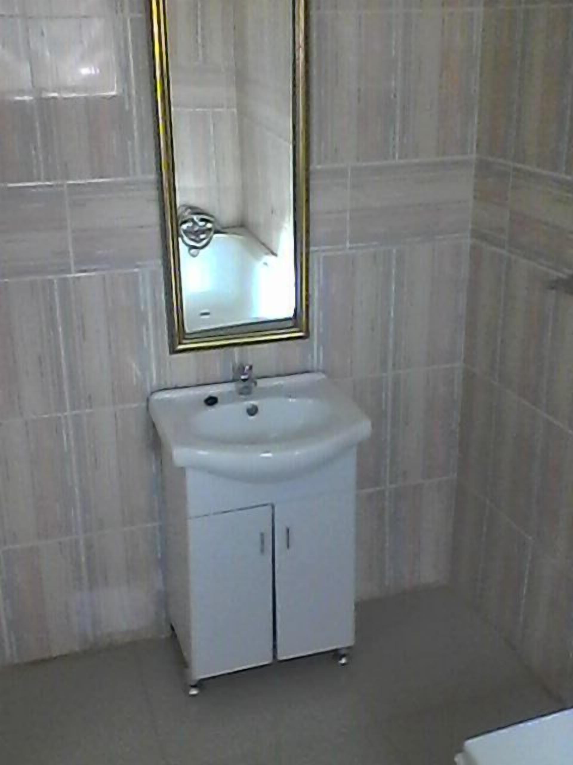 A bathroom with a white sink, a mirror with a gold frame, and tiled walls.