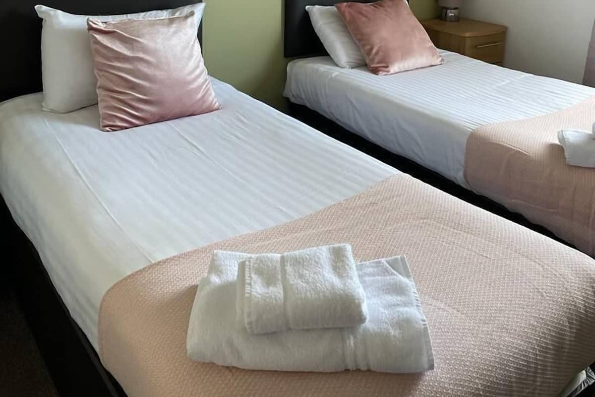 Two single beds with headboards, a nightstand with a lamp, and wall art.