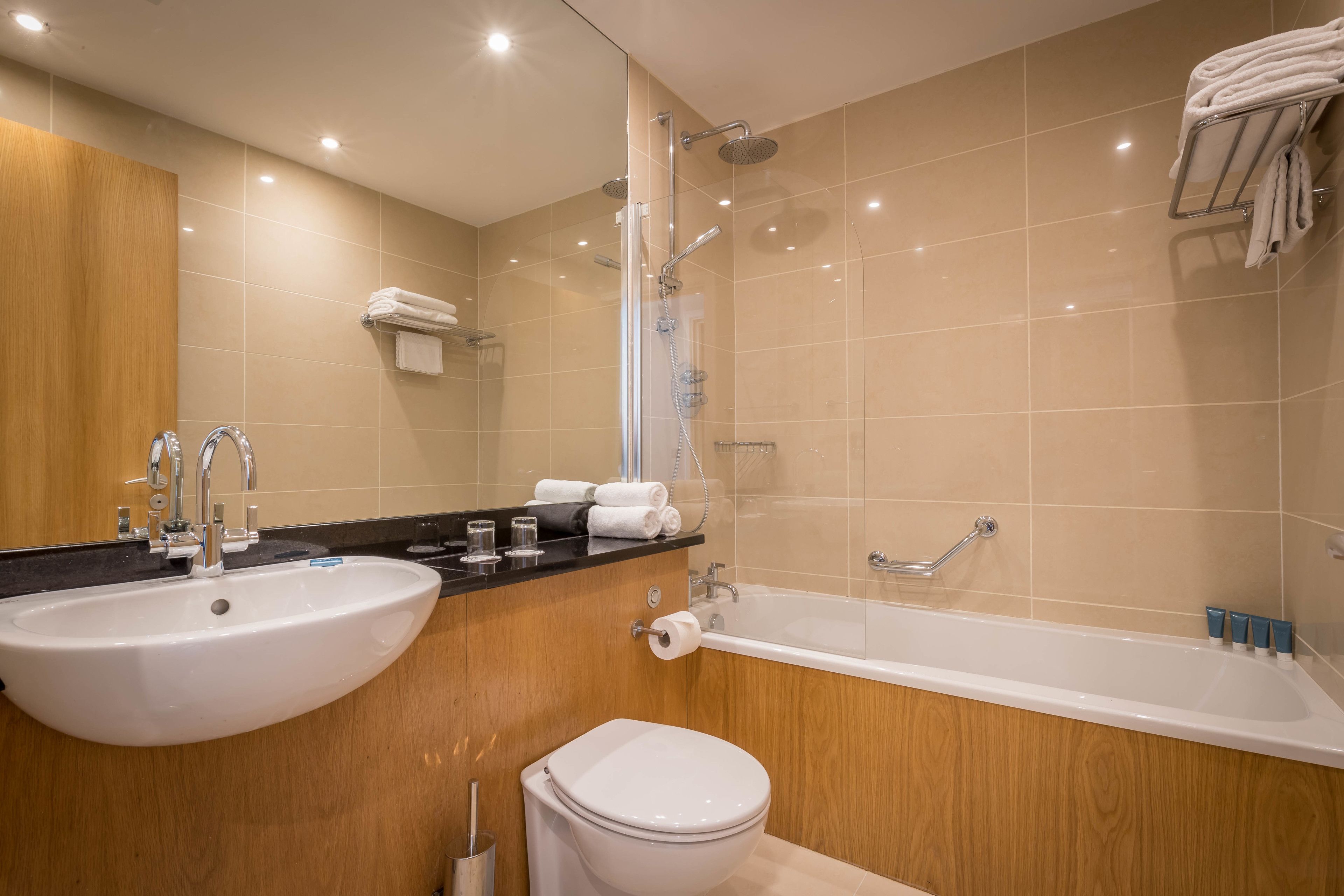 Combined shower/tub, free toiletries, hair dryer, towels