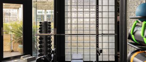 Un gimnasio moderno con barra de dominadas, banco de pesas y pelotas de ejercicio.