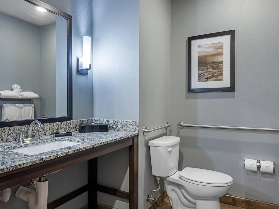 A bathroom with a sink, mirror, toilet, and a framed picture on the wall.