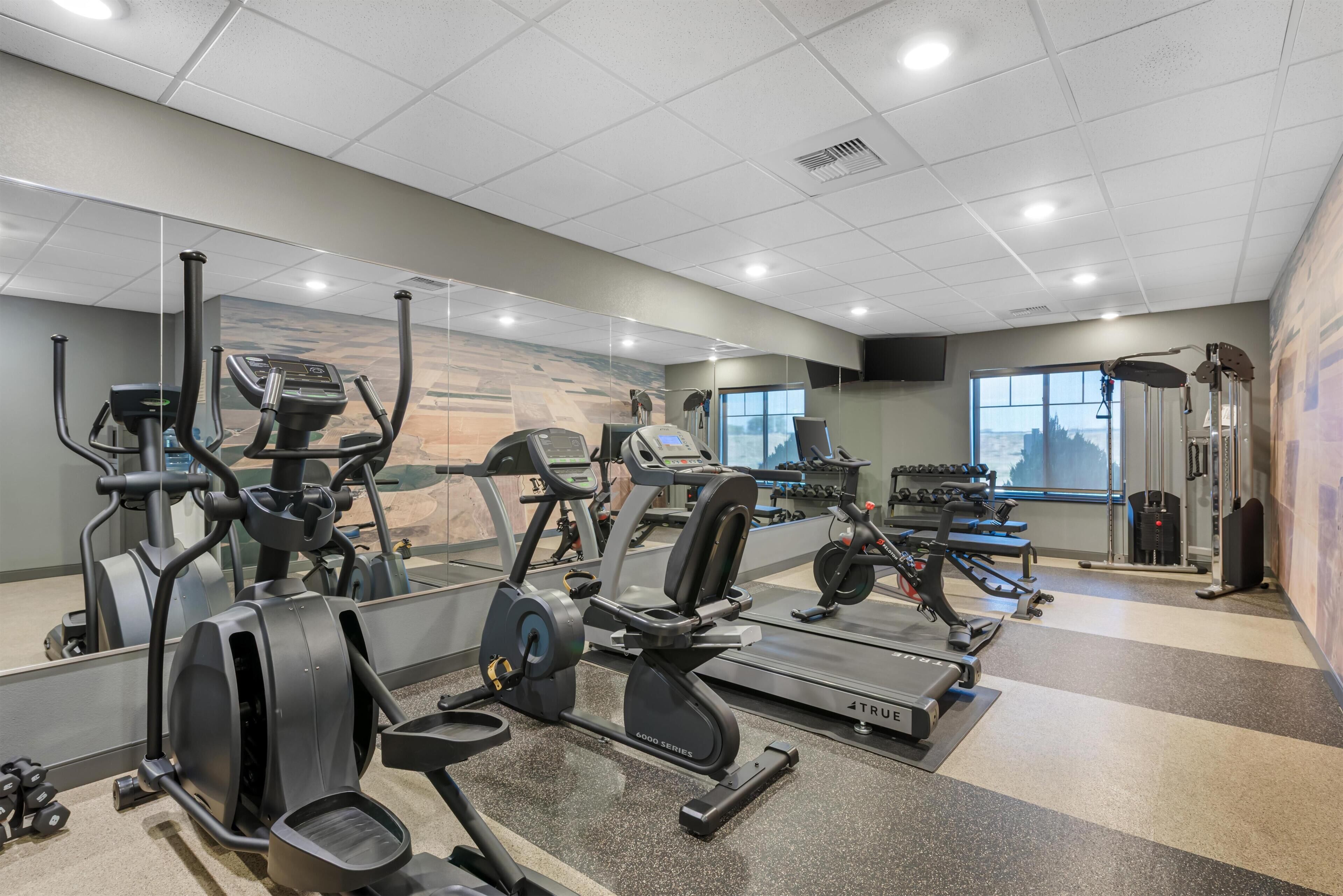 A gym with treadmills, elliptical machines, and weight equipment.
