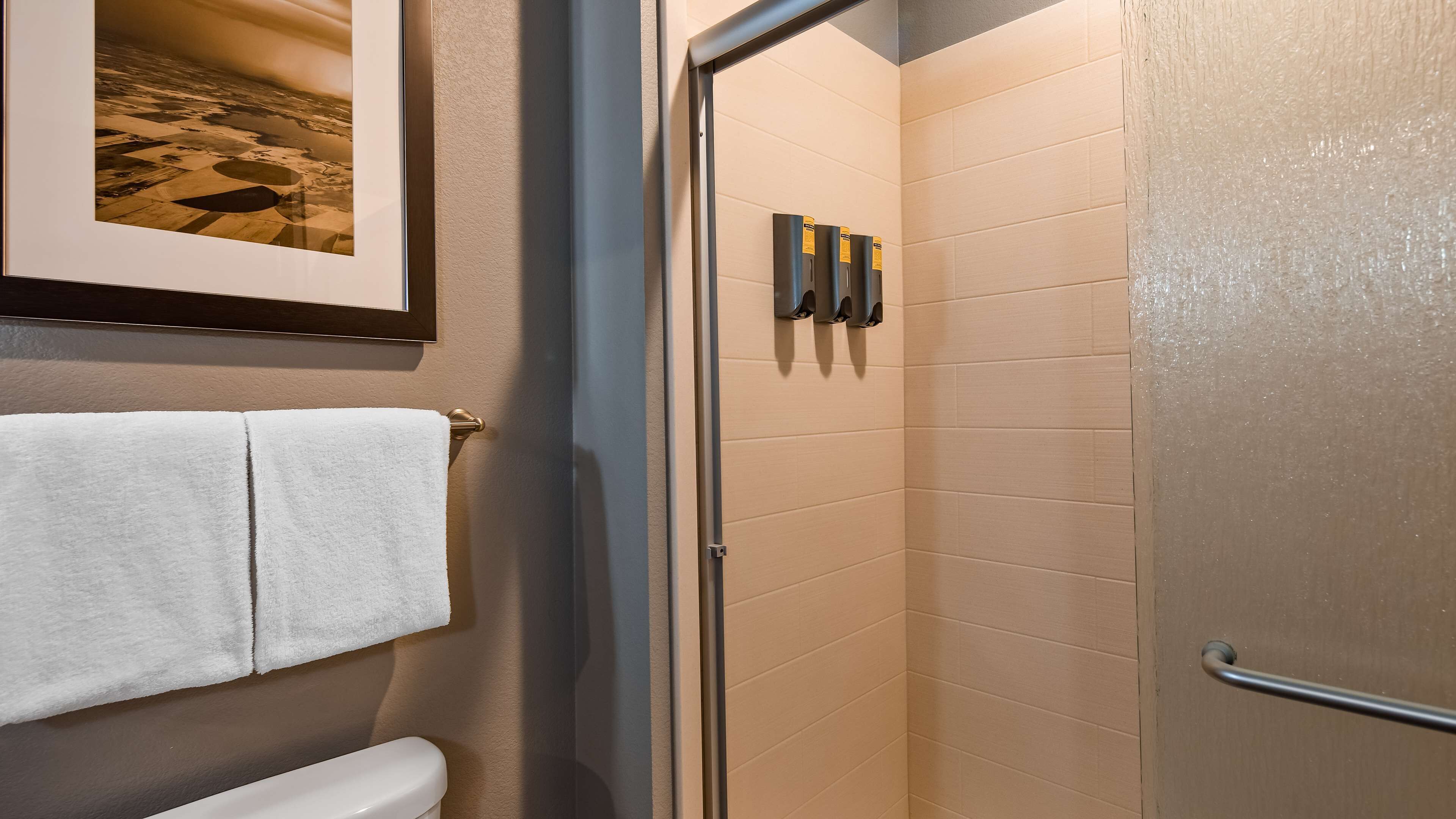 combined shower/bathtub, free toiletries, hair dryer, towels