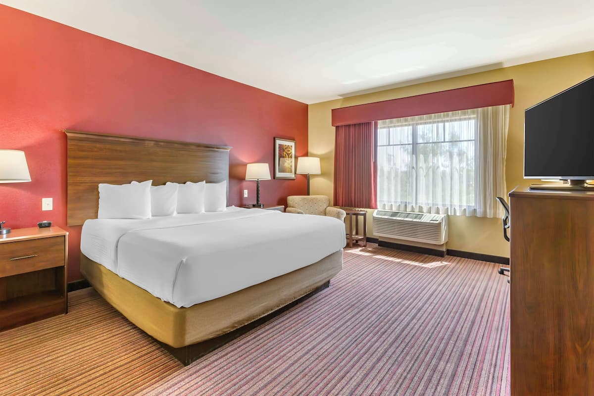 A hotel room with a large bed, two bedside tables, a chair, a TV, and a window with curtains.