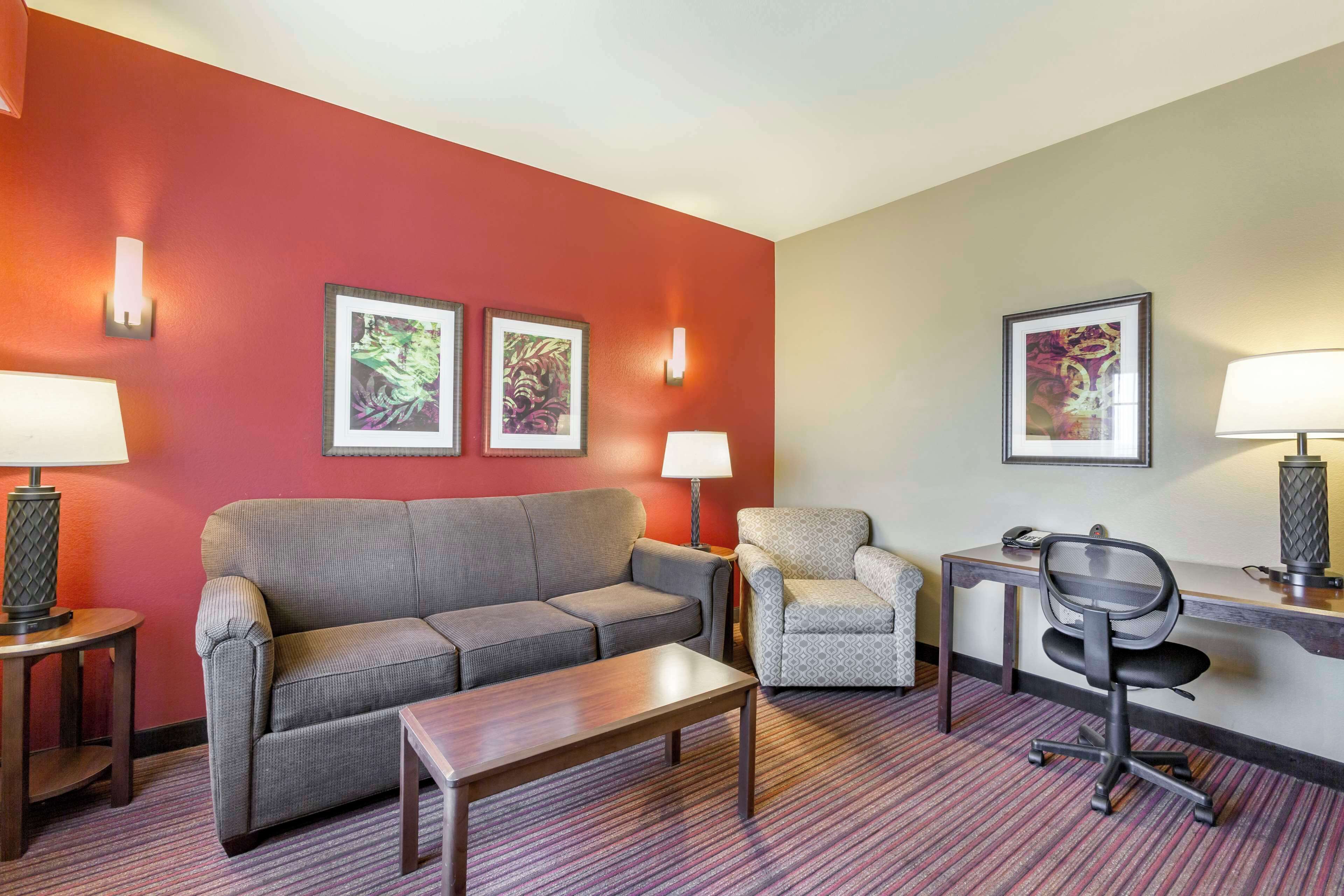 tempur-pedic beds, desk, laptop workspace, blackout curtains