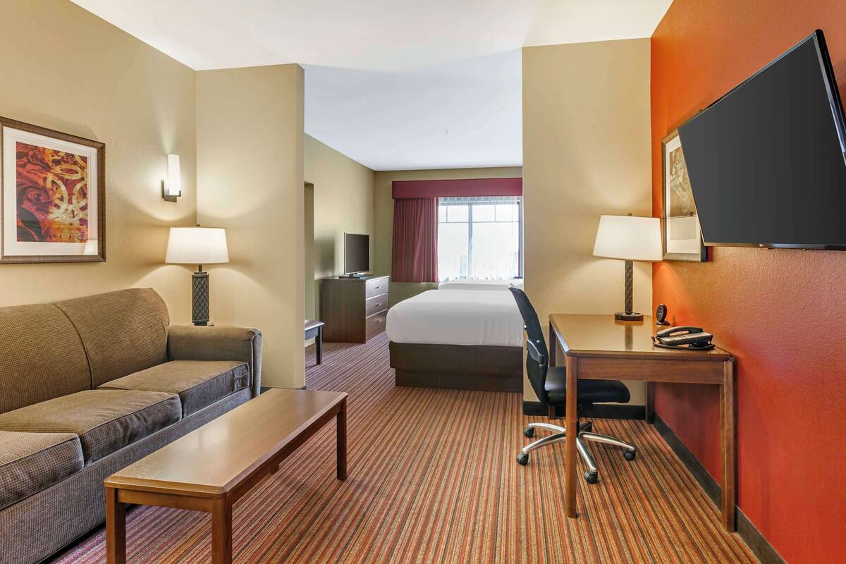 A hotel room with a bed, a sofa, a desk, a chair, a TV, and a window with curtains.