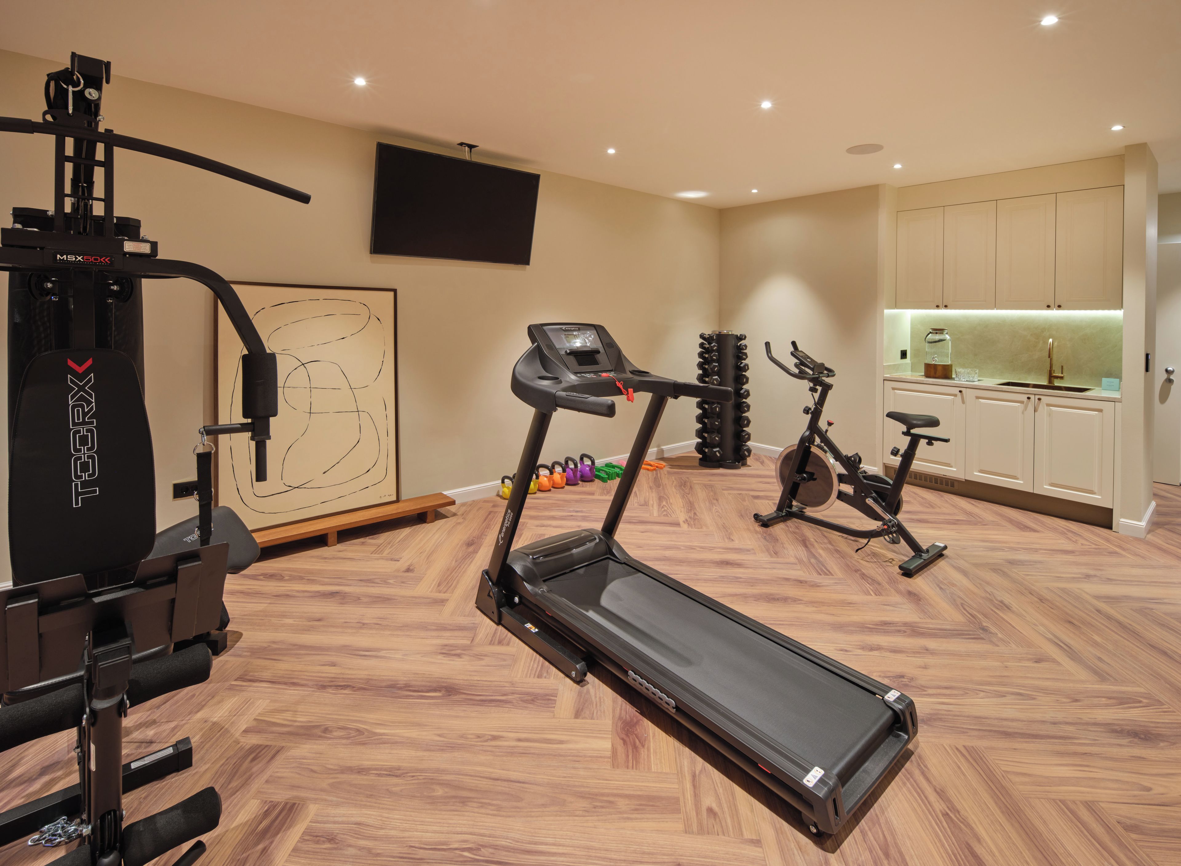 A home gym with a treadmill, stationary bike, and weight machine.
