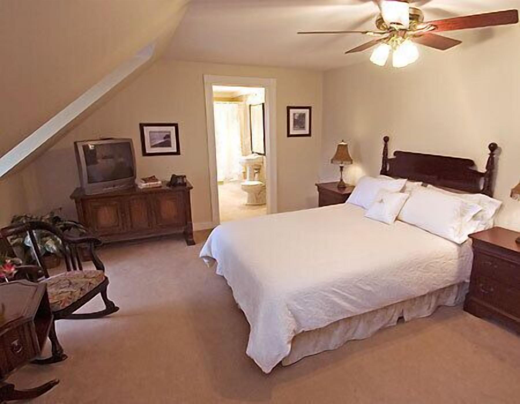 A bedroom with a large bed, a ceiling fan, a television, and a desk.