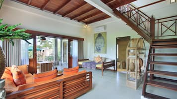 Two-Bedroom Private Pool Villa with Rice Field View | Living area | LED TV
