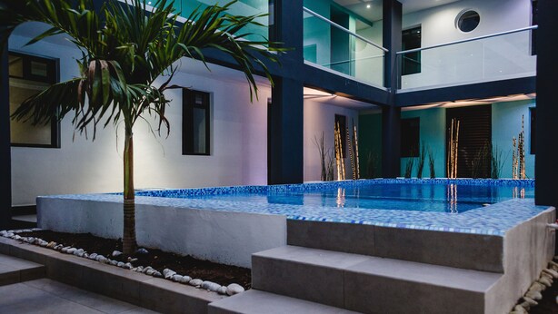 A modern outdoor pool area with a palm tree, steps leading to the pool, and a geometric tiled design. - Hotel Flamingo (Mérida)