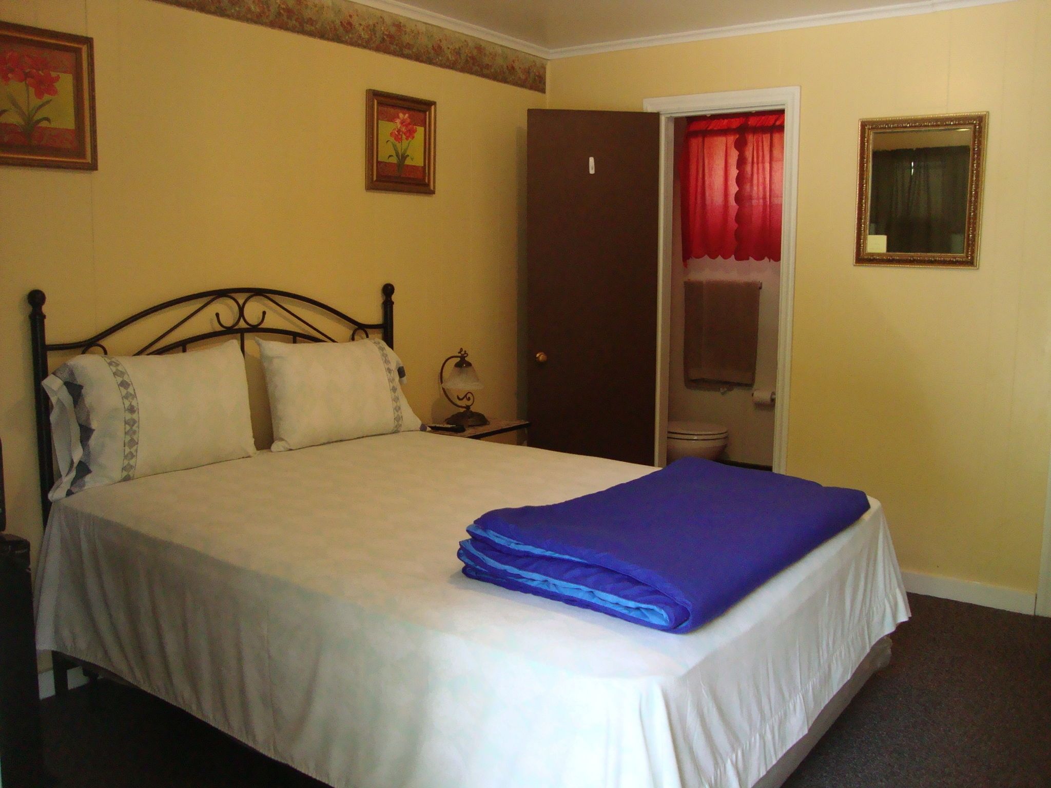 Una cama individual con una manta azul, una mesita de noche con una lámpara, una puerta a un baño y dos cuadros en la pared.