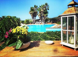 A wooden deck with a flower pot, a lantern, and a view of a swimming pool with palm trees in the background.