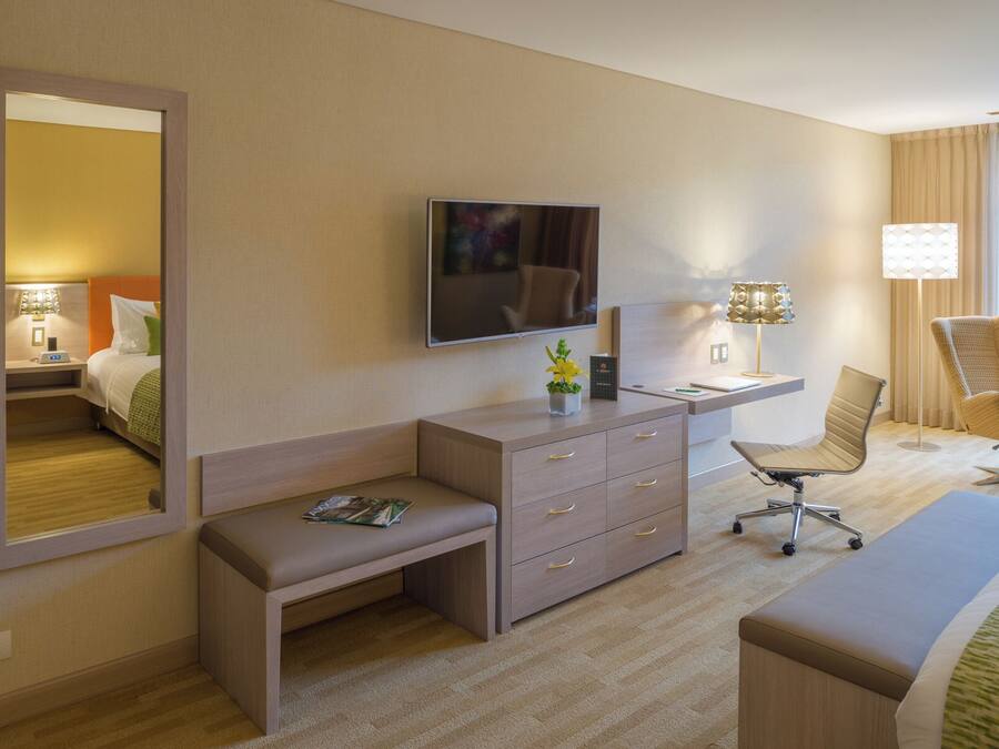 Camera d'albergo con un letto, una scrivania con sedia, uno specchio grande, una televisione e una lampada.