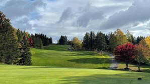 Un parcours de golf doté d’un gazon bien entretenu, entouré d’arbres aux feuilles d’automne.