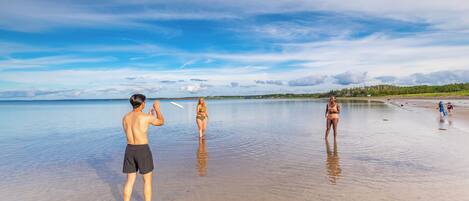 A beach scene with people standing in shallow water.