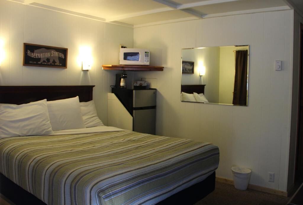 A hotel room with a bed, a microwave, a refrigerator, a bedside table, and a mirror.