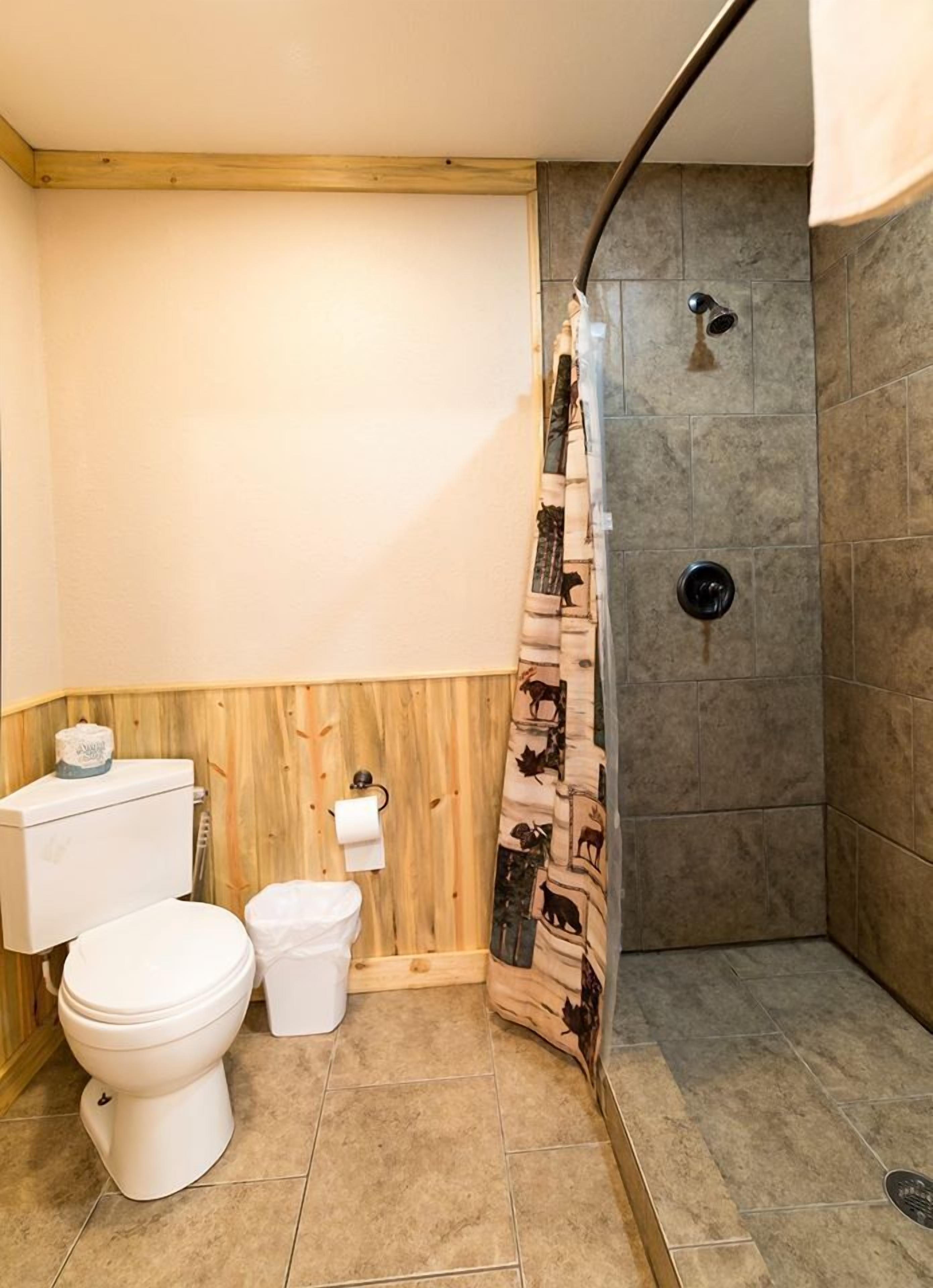 A bathroom with a toilet, sink, and shower area.