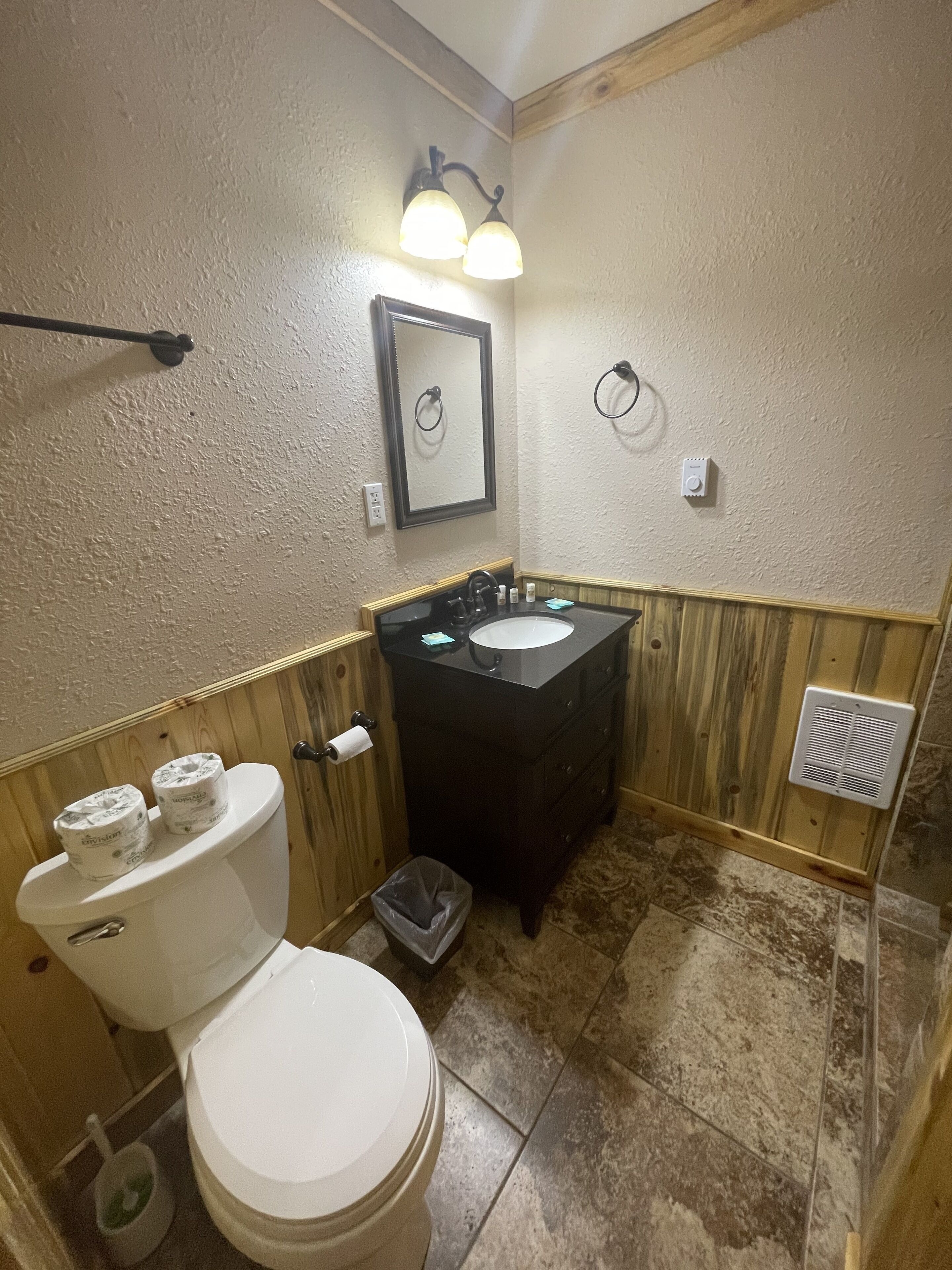 A bathroom with a toilet, sink, and mirror.