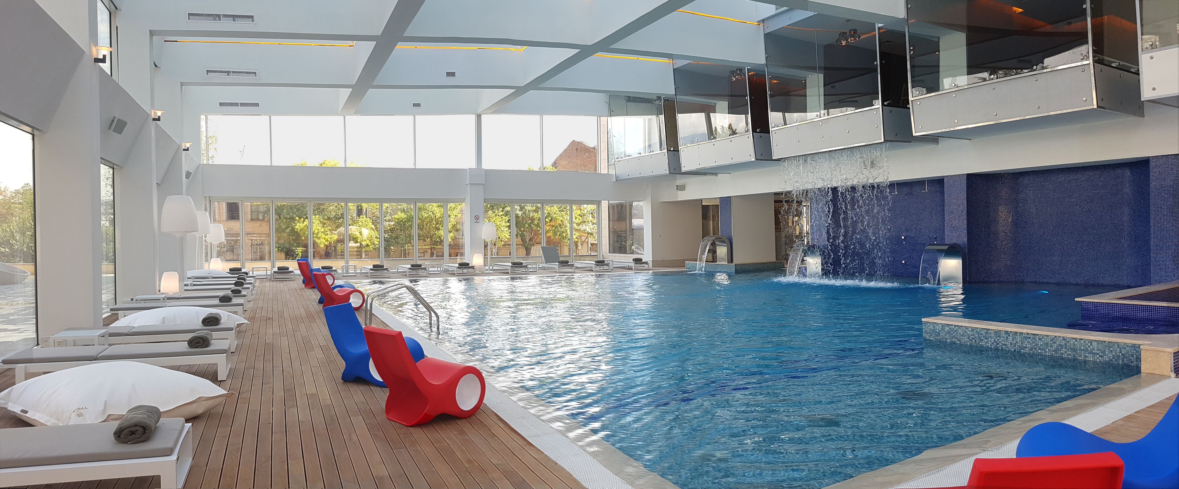 indoor pool, pool loungers