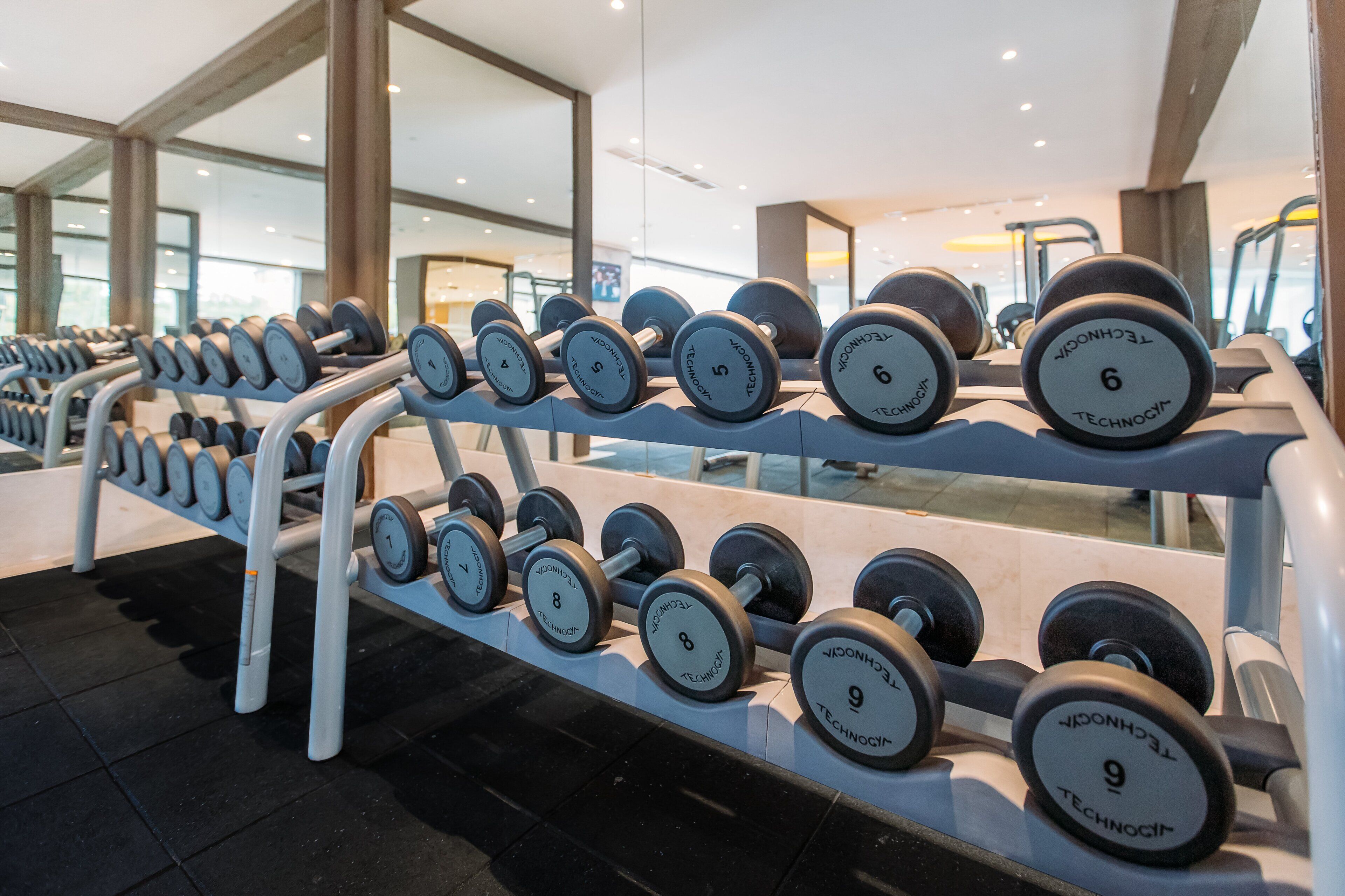 A gym with rows of dumbbells on racks, large windows, and exercise equipment in the background.