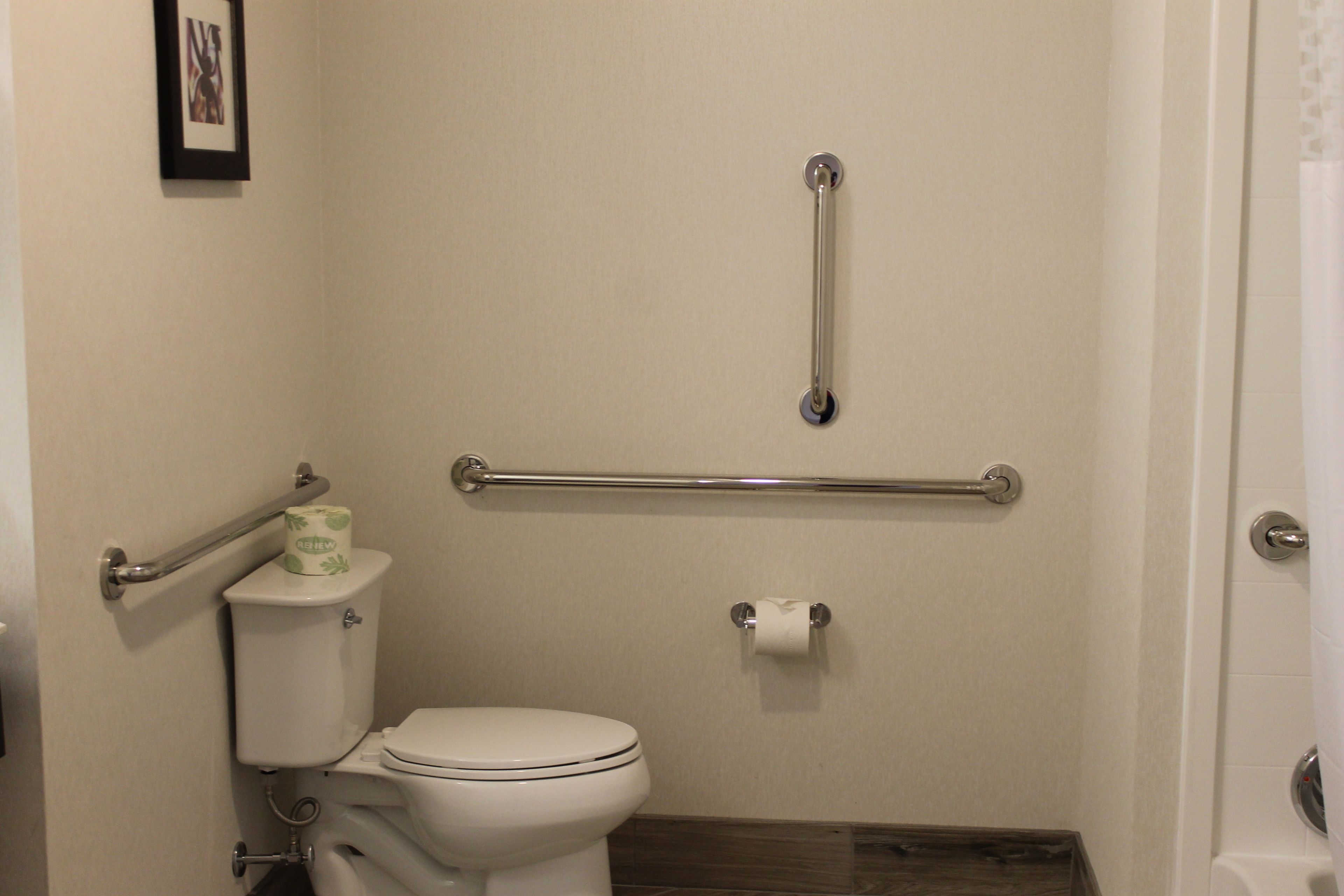 Een badkamer met een toilet, grepen en een rol toiletpapier.