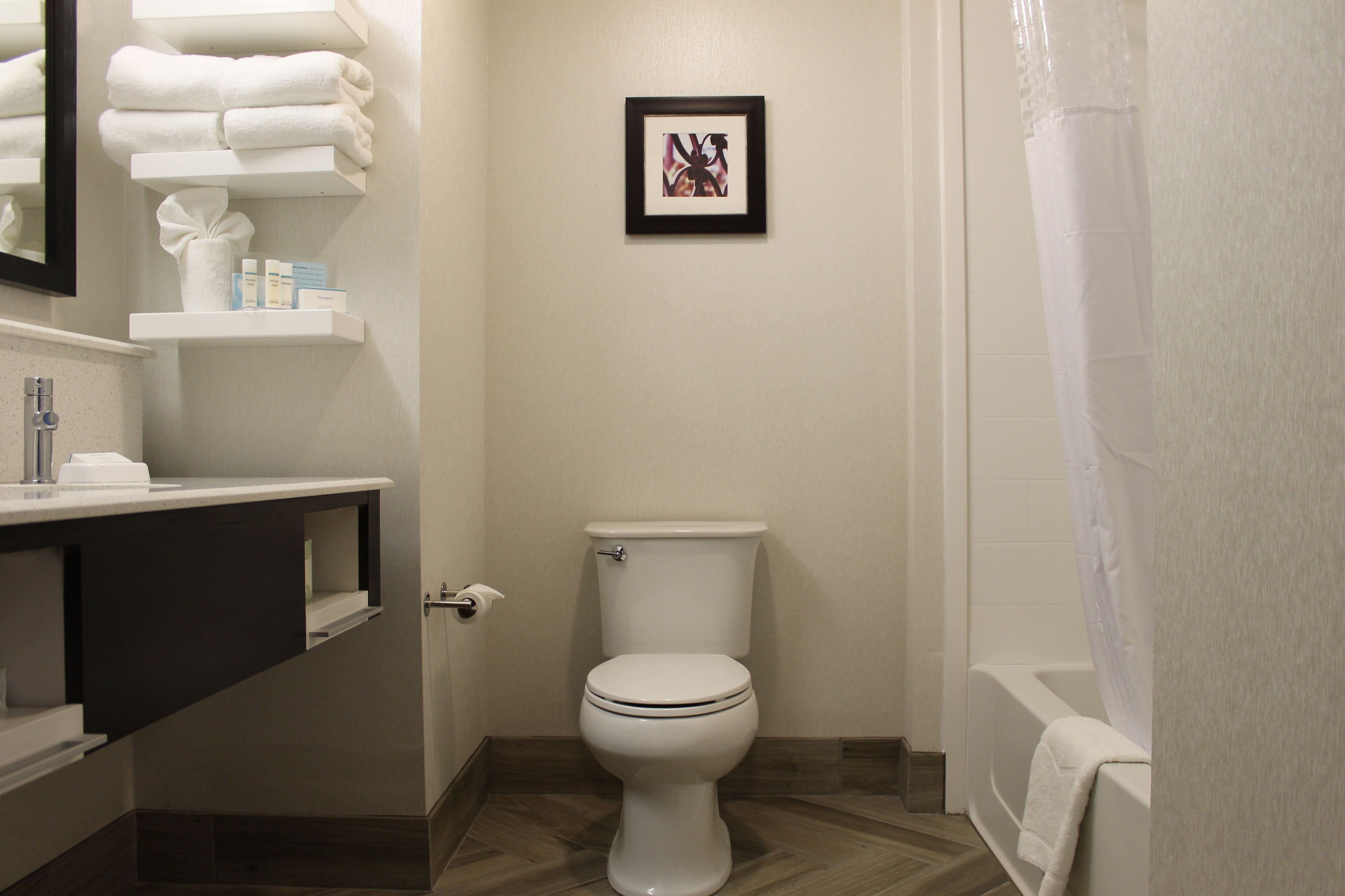 Un baño moderno con inodoro, lavabo con espejo y cortina de ducha.