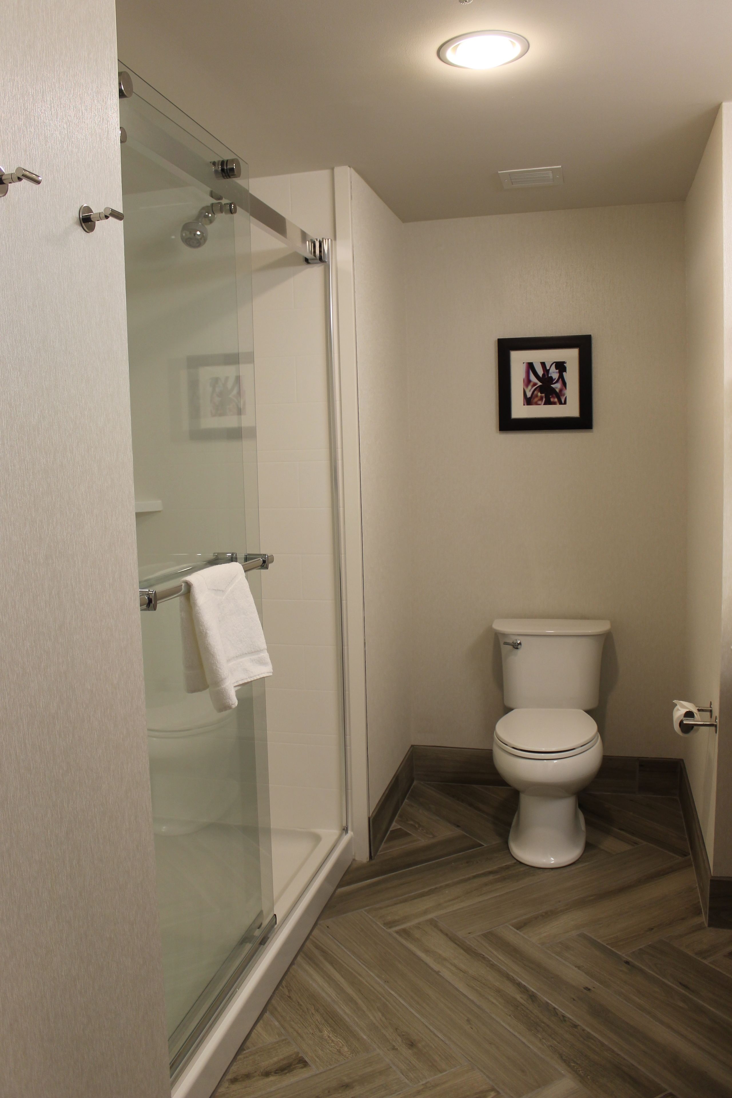 A bathroom with a glass shower enclosure, a toilet, and a framed picture on the wall.