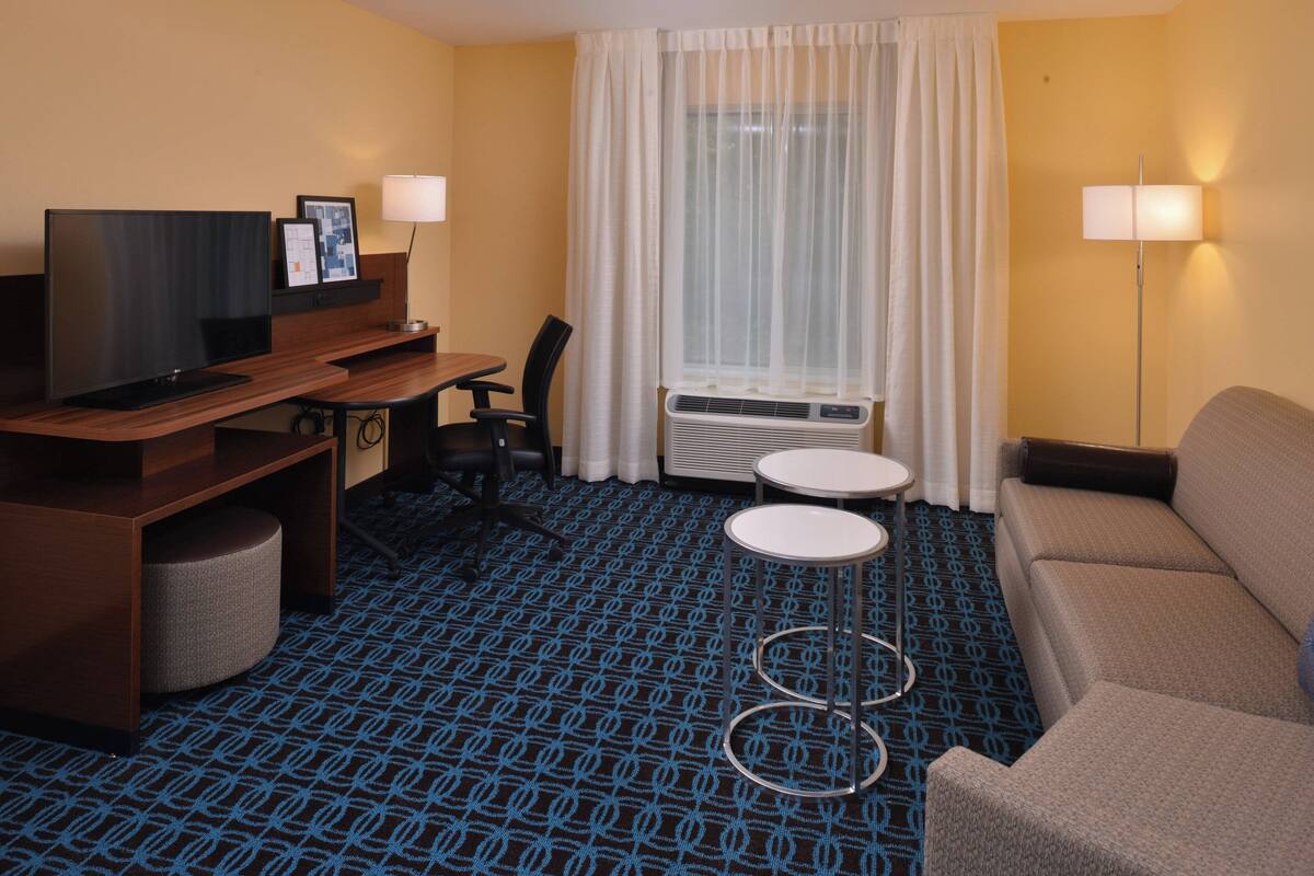 Une chambre d’hôtel équipée d’une télévision, d’un bureau, de deux chaises, d’un canapé, d’une petite table et d’un tapis à motifs.