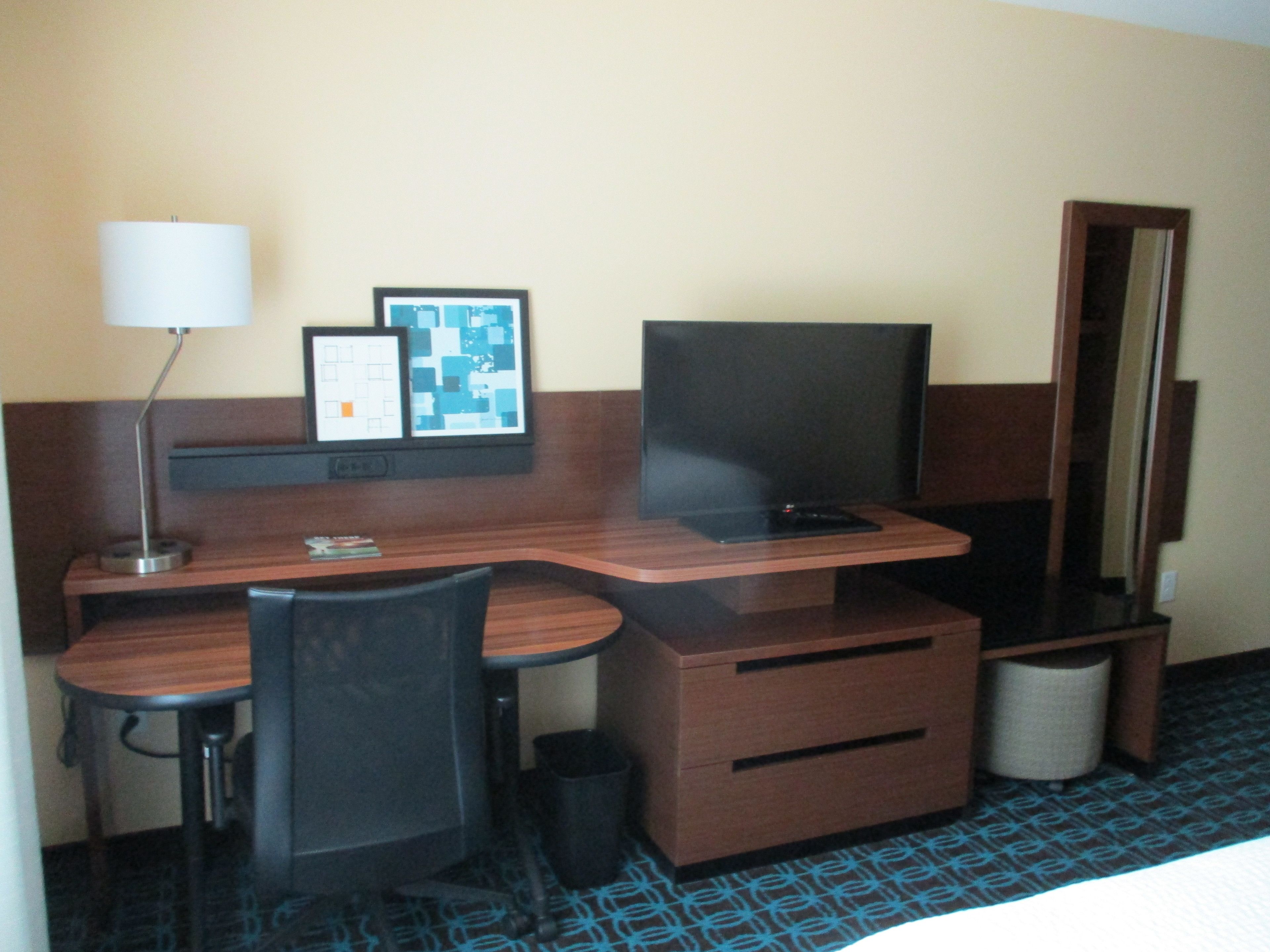 1 bedroom, desk, laptop workspace, blackout curtains