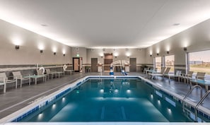 Indoor pool, open 9:00 AM to 10:00 PM, sun loungers
