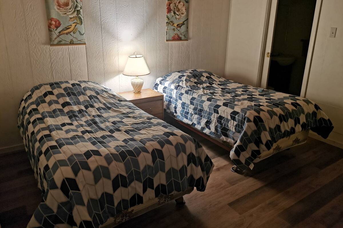 Una habitación con dos camas, cada una con colcha de estampado geométrico, una mesita de noche con lámpara y decoración floral en la pared.