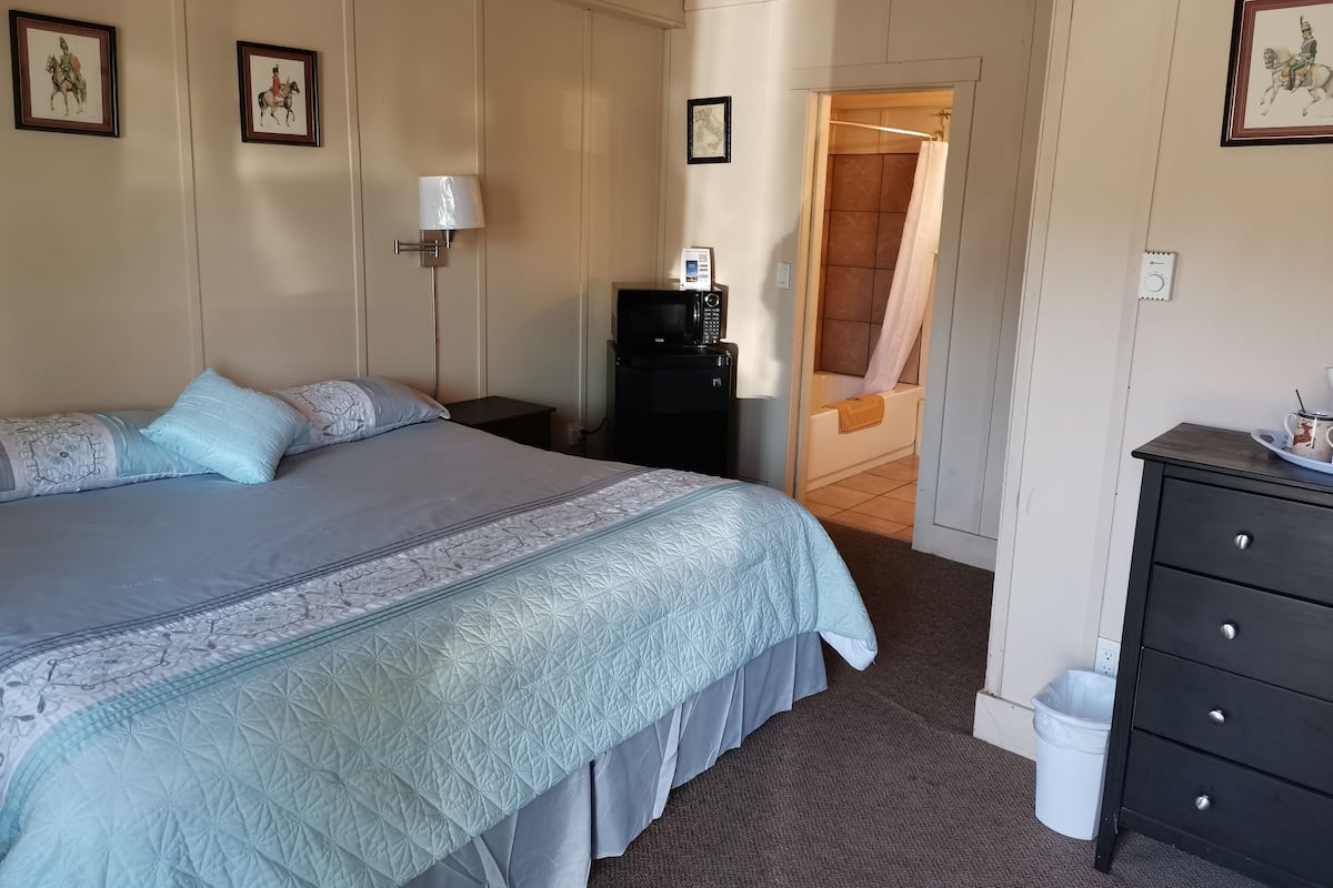 Un dormitorio con cama, mesita de noche, cómoda, ducha y cuadros en las paredes.